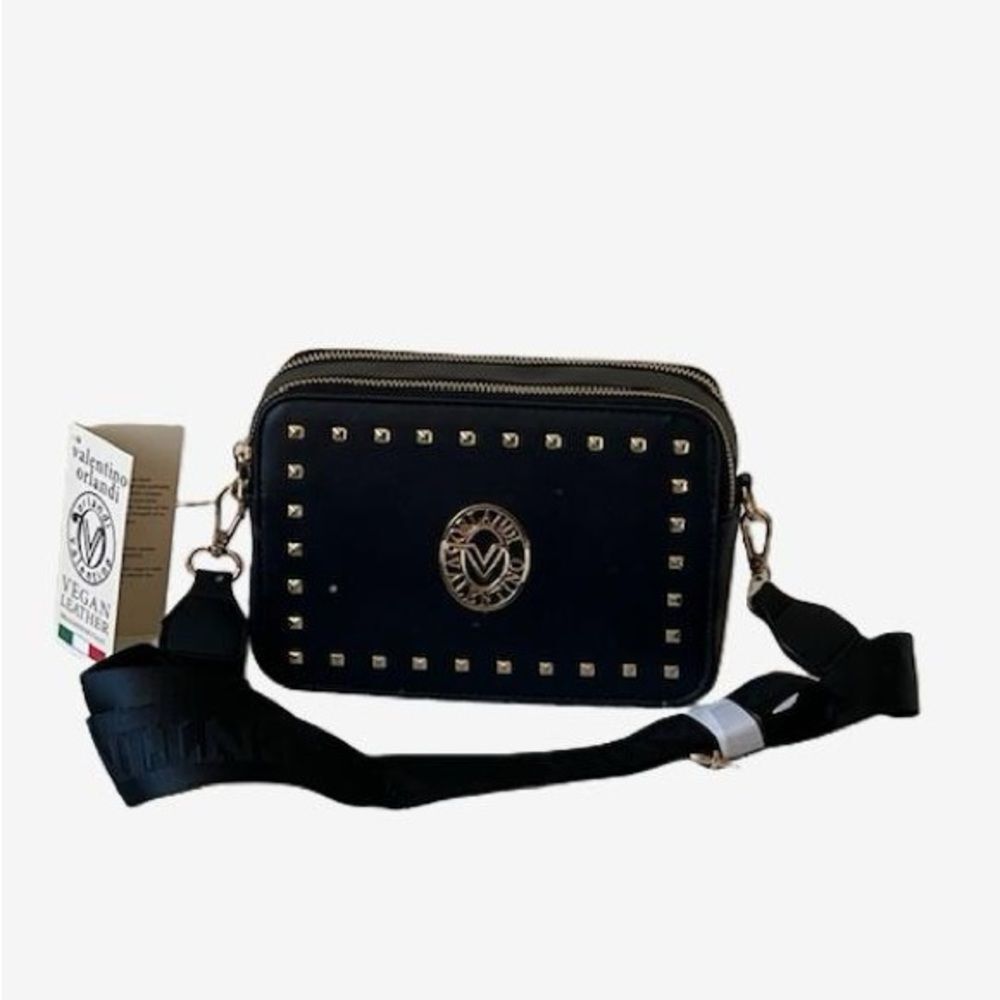 Valentino Orlandi Studded Crossbody Camera Bag, Black w/Gold-Toned Hardware.